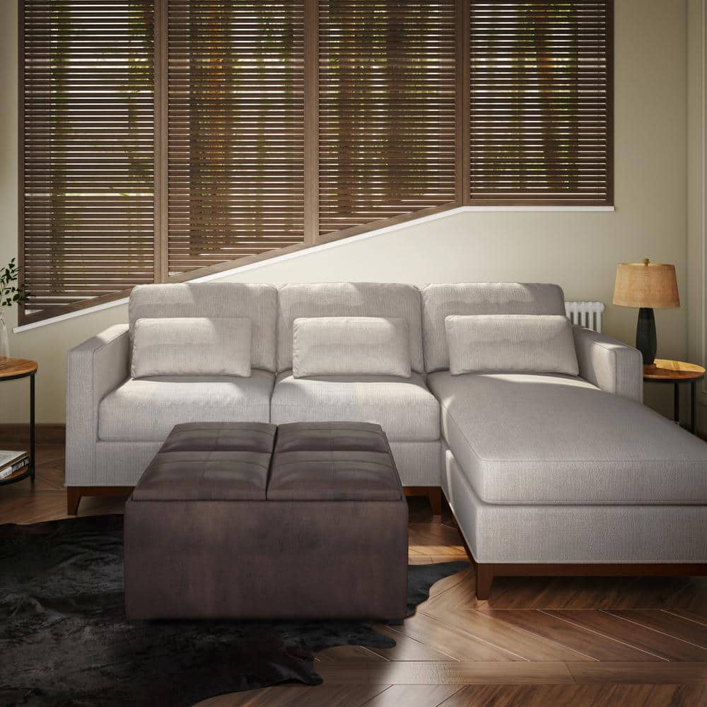 Distressed Brown Faux Leather Square Cocktail Ottoman with Tray
