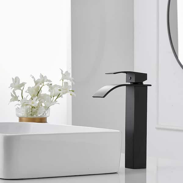 Waterfall Single Hole Single Handle Bathroom Vessel Sink Faucet With Pop-up Drain Assembly in Matte Black