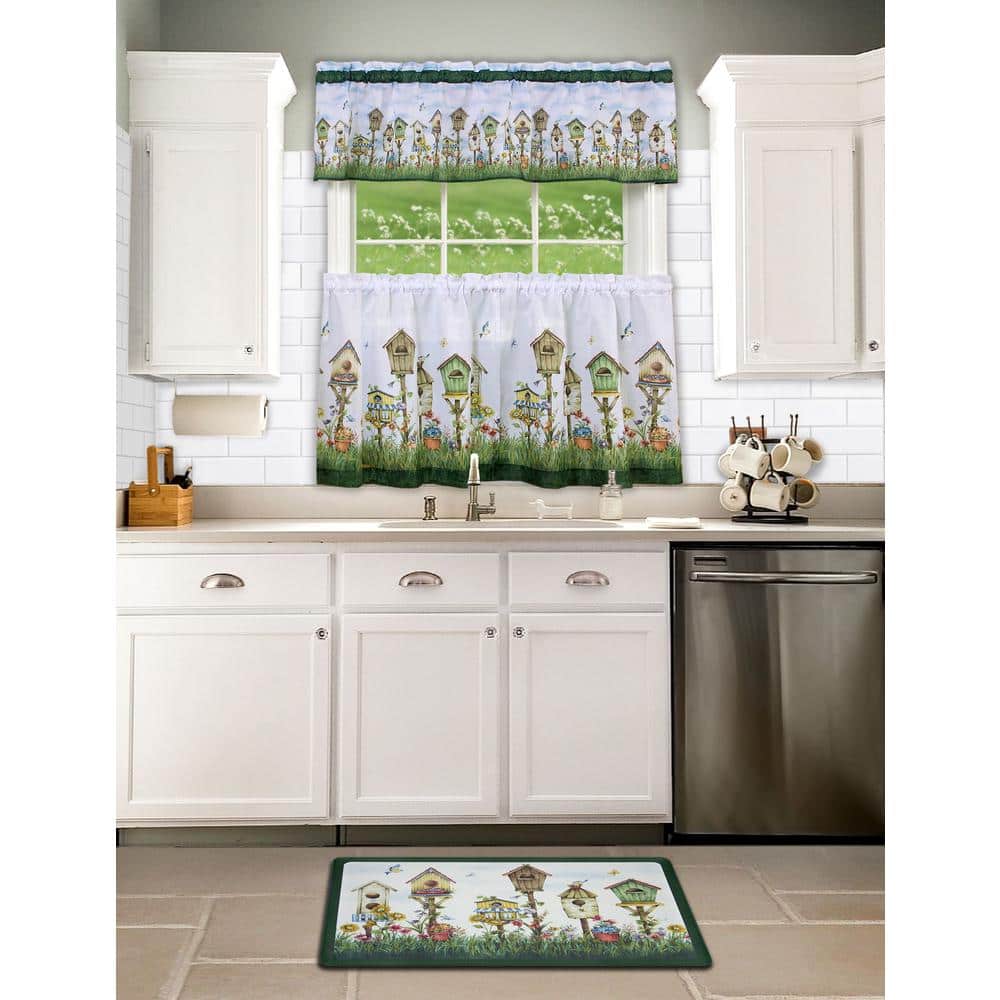 Pistachio Green Floral Birdhouse Print Tier Curtains with Valance