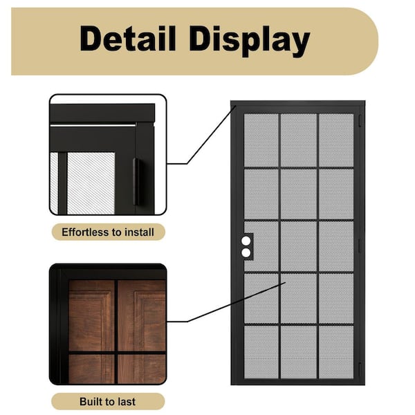 36 in. x 80 in. Universal/Reversible Hinging 15-Grid Black Surface Mount Steel Security Door w/Expanded Metal Screen