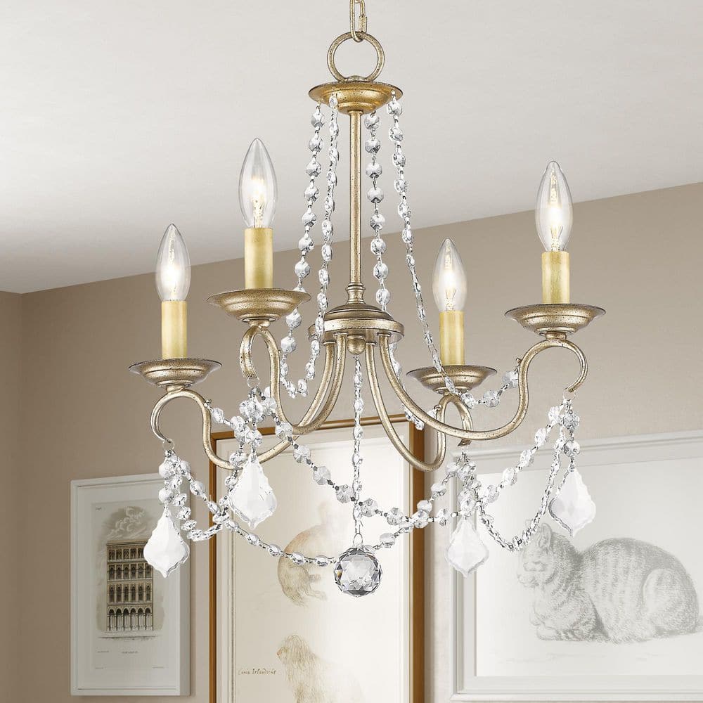 Elegant Mini 4-Light Chandelier with Crystal Accents and Antique Silver Leaf Finish