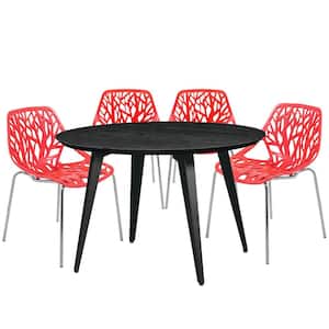 Ravenna 5-Piece Dining Set with 4-Stackable Plastic Chairs and Round Table with Metal Base, Red