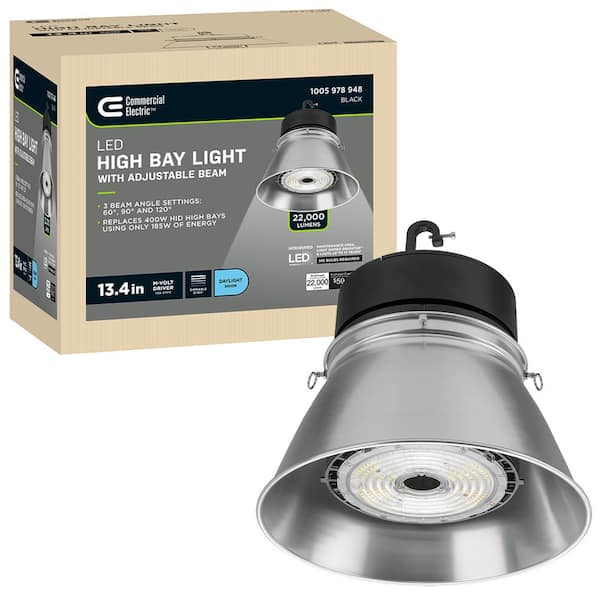 Commercial Electric 13.4 in. Round 400W Equivalent Integrated LED Brushed Nickel High Bay Light w/ Adjustable Beam High Output 22,000 Lumen