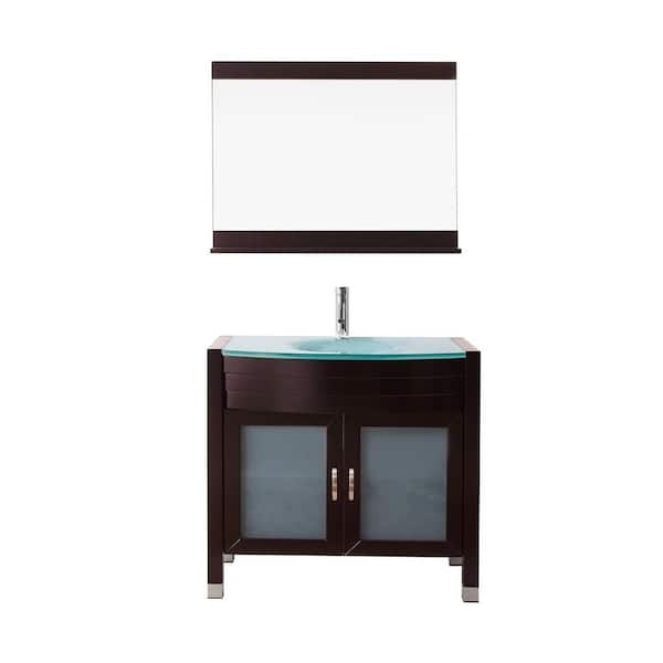 Virtu USA Ava 36 in. W Bath Vanity in Espresso with Glass Vanity Top in Aqua Tempered Glass with Round Basin and Mirror and Faucet