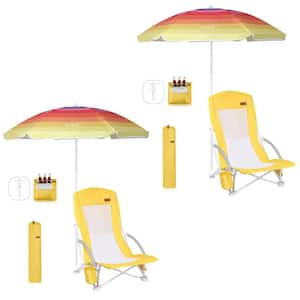 Beach Chair, Beach Chairs for Adults with Umbrella and Cooler, High Back, Cup Holder & Carry Bag (2-Pack Yellow)