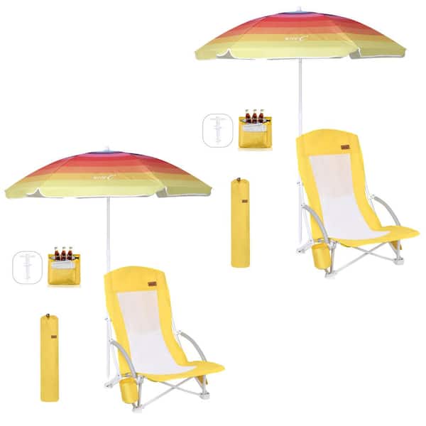 NICE C Beach Chair, Beach Chairs for Adults with Umbrella and Cooler, High Back, Cup Holder & Carry Bag (2-Pack Yellow)