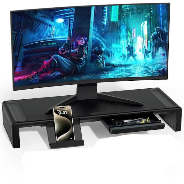 Monitor Stand Riser, Foldable Computer Monitor Riser, Adjustable Length Computer Stand and Storage Drawer (Black)