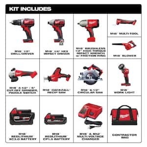 M18 18-Volt Lithium-Ion Cordless Combo Kit 9-Tool with 2-Batteries, Charger and Tool Bag