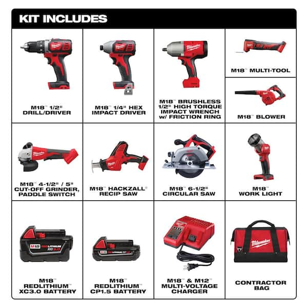 M18 18-Volt Lithium-Ion Cordless Combo Kit 9-Tool with 2-Batteries, Charger and Tool Bag