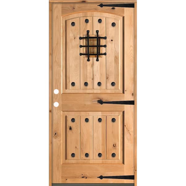 Mediterranean 42 in.x 80 in. Knotty Alder Right-Hand/Inswing Arch Top BEHR Cedar Stain Wood Prehung Front Door
