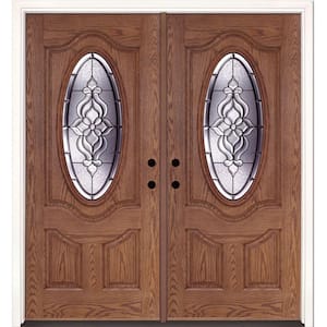 74 in. x 81.625 in. Lakewood Patina 3/4 Oval Lite Stained Medium Oak Left-Hand Fiberglass Double Prehung Front Door
