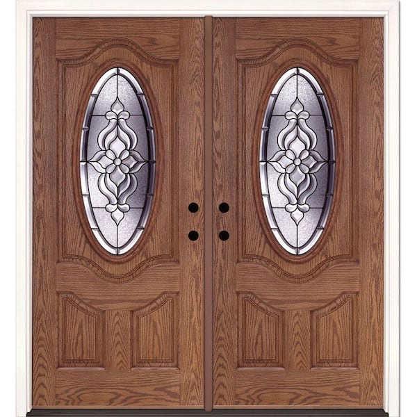 Feather River Doors 74 in. x 81.625 in. Lakewood Patina 3/4 Oval Lite Stained Medium Oak Left-Hand Fiberglass Double Prehung Front Door