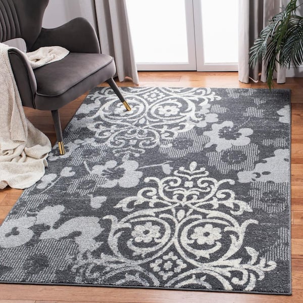 Adirondack Charcoal/Ivory 3 ft. x 4 ft. Floral Damask Area Rug