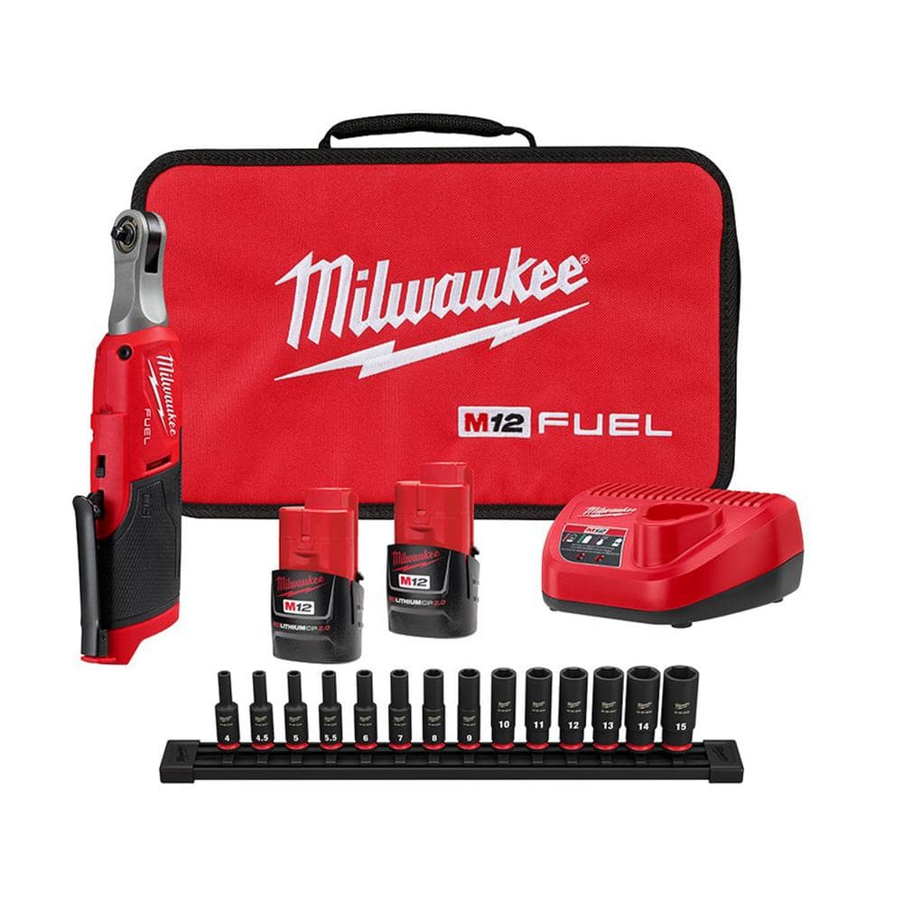 Milwaukee M12 FUEL 12-Volt Cordless High Speed 1/4 in. Ratchet Kit with 1/4  in. Drive Metric Deep Well Impact Socket Set(14-Piece) 2566-22-49-66-7003