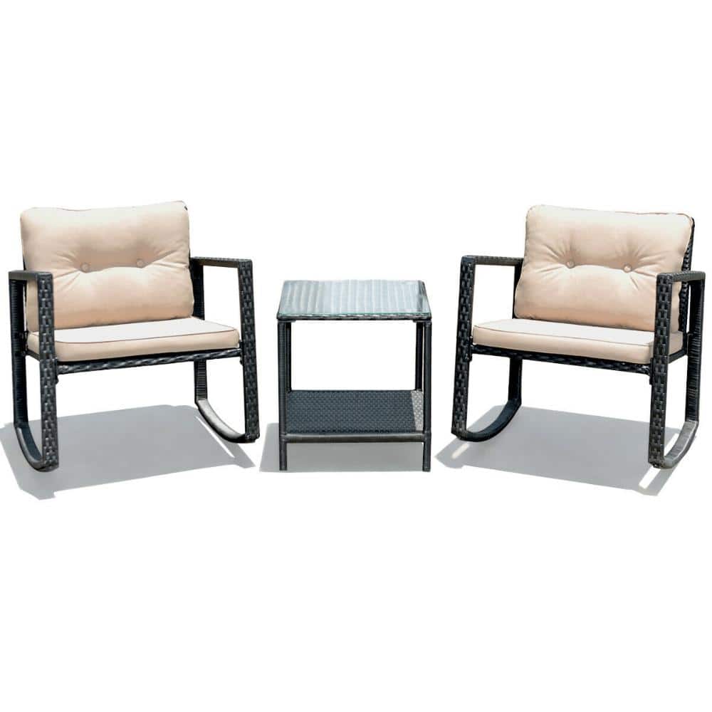 3-Piece Wicker Patio Rocking Bistro Set with Beige Cushions and Glass Top Table with Storage Shelf price history on PriceWatchPro