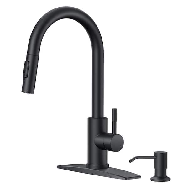 androme Single Handle Pull Down Sprayer Kitchen Faucet with Soap Dispenser and Flexible Hose in Matte Black