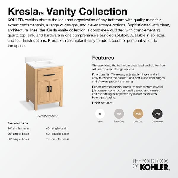 KOHLER Kresla 49.02in. Single Sink Freestanding Light Oak Bath Vanity with White Quartz Top Assembled
