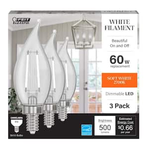 60-Watt Equivalent BA10 E12 Candelabra Dim White Filament Clear Glass Chandelier LED Light Bulb Soft White 2700K(3-Pack)