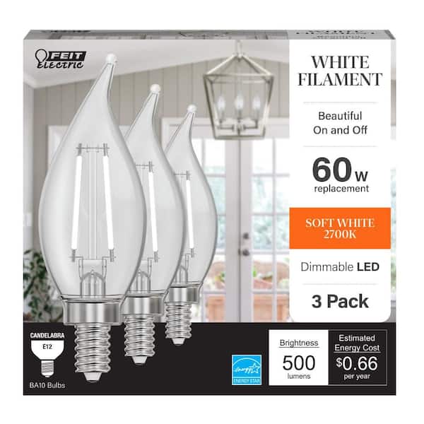 Feit Electric 60-Watt Equivalent BA10 E12 Candelabra Dim White Filament Clear Glass Chandelier LED Light Bulb Soft White 2700K(3-Pack)
