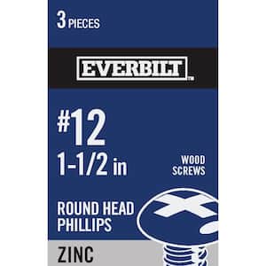 #12 x 1-1/2 in. Phillips Round Head Zinc Plated Wood Screw (3-Pack)
