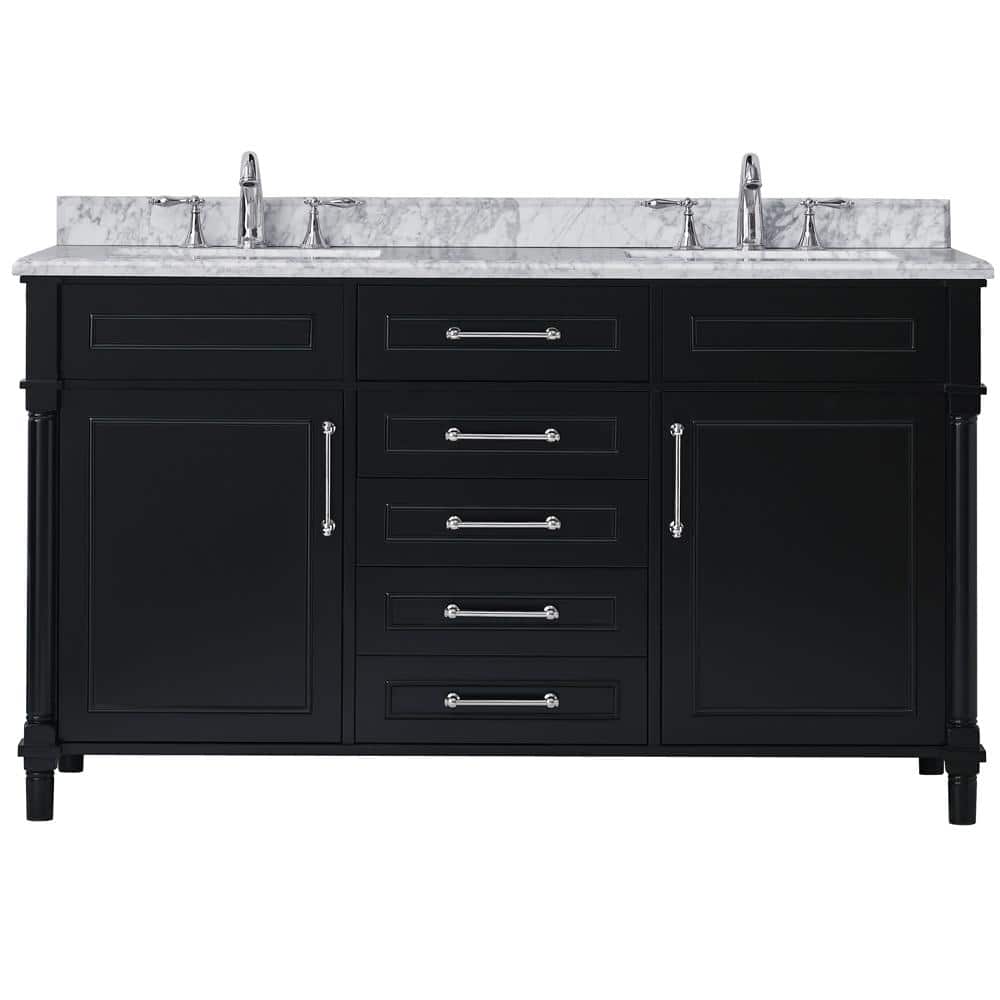 Home Decorators Collection Aberdeen 60 In W X 22 In D Vanity In Black With Carrara Marble Top With White Sinks Aberdeen 60b The Home Depot