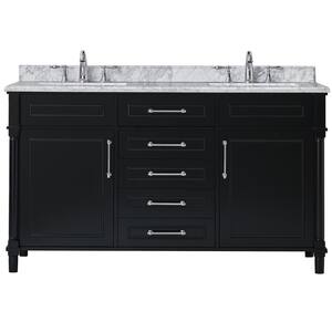 Aberdeen 60 in. W x 22 in. D Vanity in Black with Carrara Marble Top with White Sinks