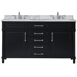 Aberdeen 60 in. Double Sink Freestanding Black Bath Vanity with Carrara Marble Top (Assembled)