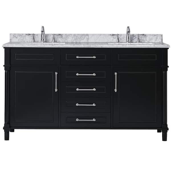 Aberdeen 60 in. Double Sink Black Bath Vanity with Carrara Marble Top (Assembled)