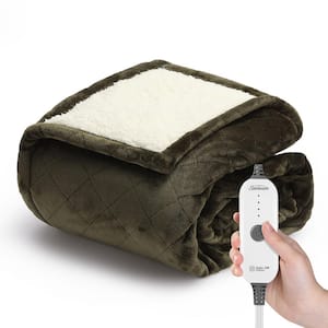 50 in. x 60 in. Quilted Nordic Velvet Reverse Sherpa Heated Throw Electric Blanket, Olive