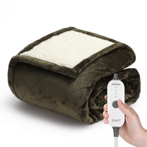 Sunbeam 50 in. x 60 in. Quilted Nordic Velvet Reverse Sherpa Heated Throw Electric Blanket, Olive