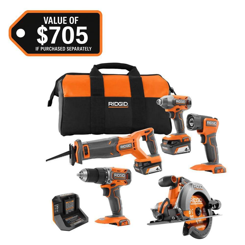 RIDGID 18V Cordless 5-Tool Combo Kit with (2) 4.0 Ah Batteries, Charger, Tool Bag, and Accessories (R96255)