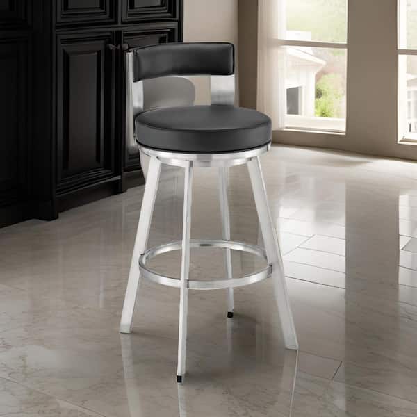 Benjara 30 in. Black and Chrome Low Back Metal Frame Bar Stool with Faux Leather Seat