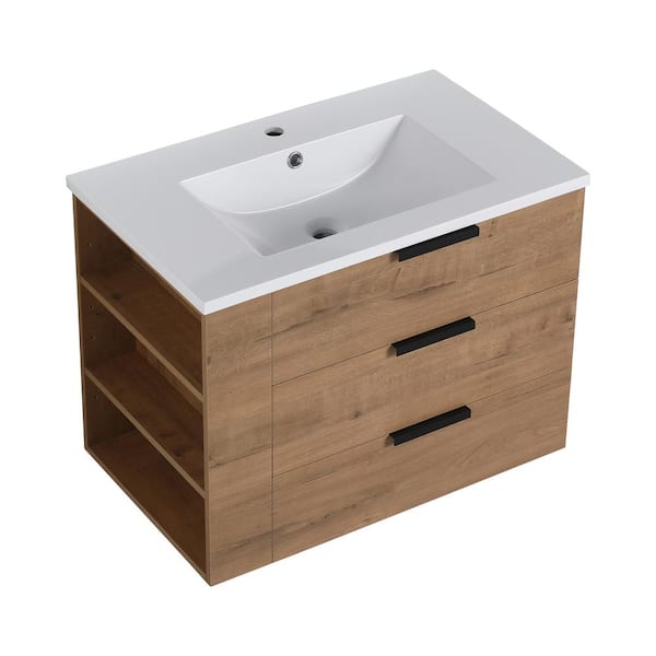 JimsMaison 30 in. W x 18 in. D x 22 in. H Single Sink Wall Mounted Bath Vanity in Imitative Oak with White Resin Top