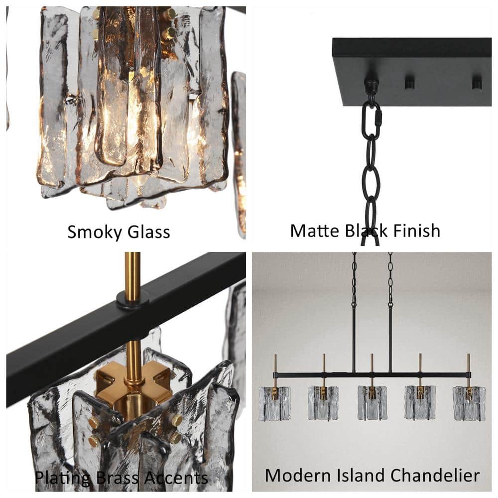 Kasy 5-Light Black and Brass Linear Chandelier with Smoke-Gray Glass
