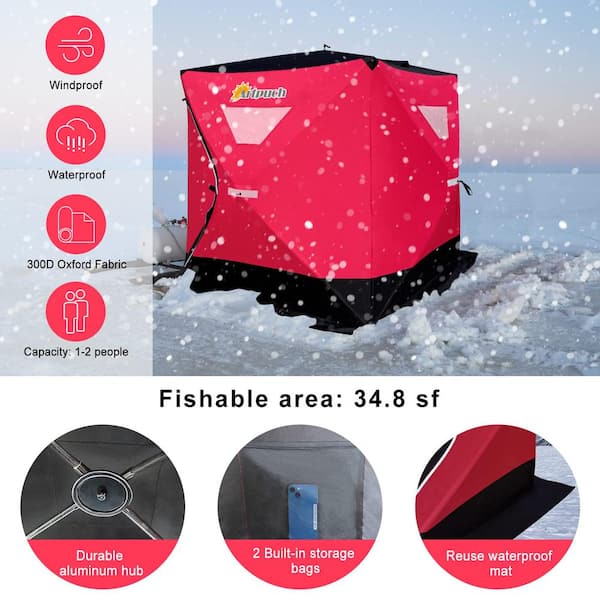 3-Person to 4-Person Portable Pop-Up Ice Fishing Shelter Tent with Floor Mat, Anchors, Tie Ropes, Carrying Bag