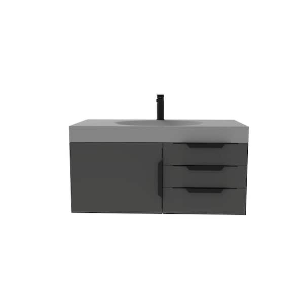 castellousa Thames 36 in. W x 19 in. D x 16.25 H Single Floating Bath Vanity in Matte Black with Black Trim with Gray Top