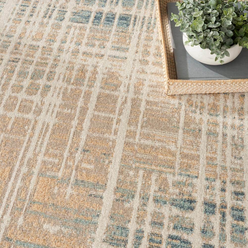 Beige Blue Abstract Polyester Machine Washable Runner Rug
