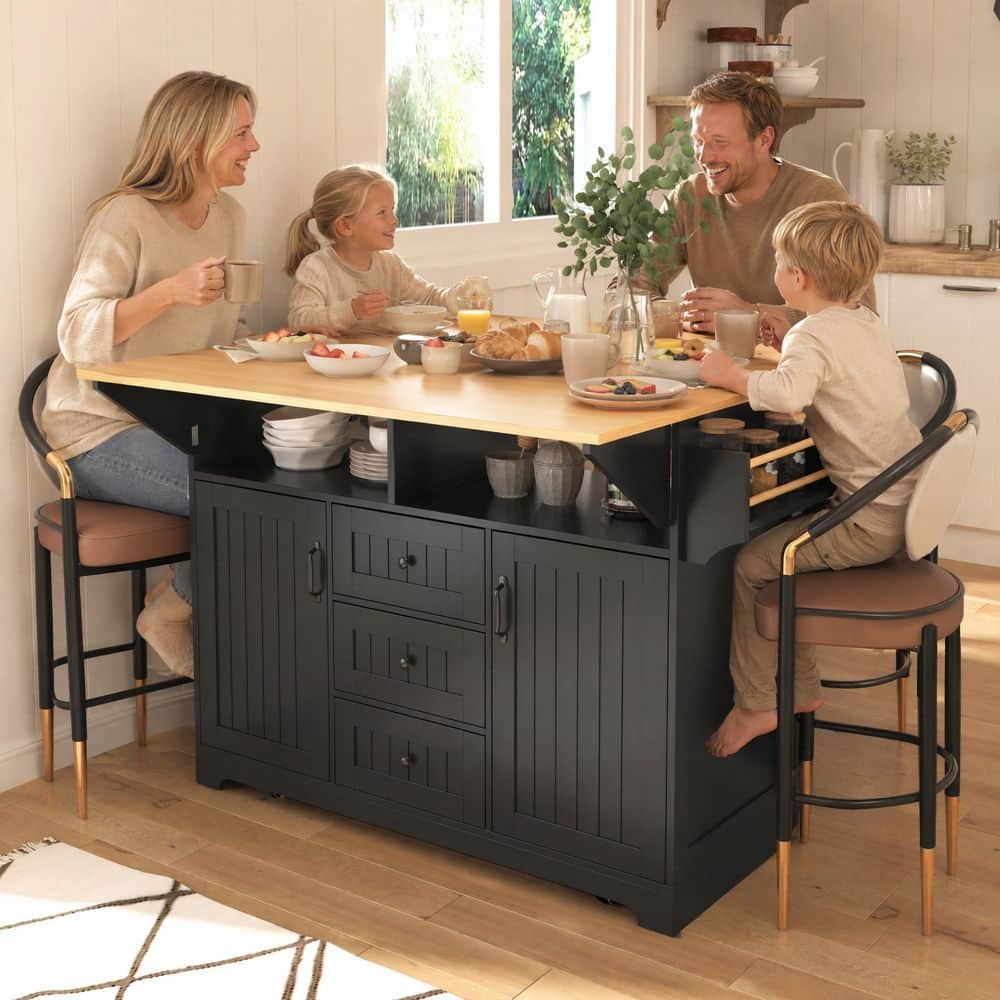 Black Wood 55.75 in. Large Kitchen Island with 2 Drop Leaf and