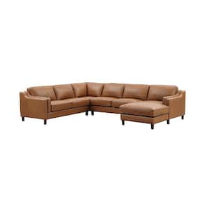 Bella 132 in. Square Arm 4-Piece Leather Lawson 6-Seater Sectional Sofa in Brown w/Right Facing Chaise