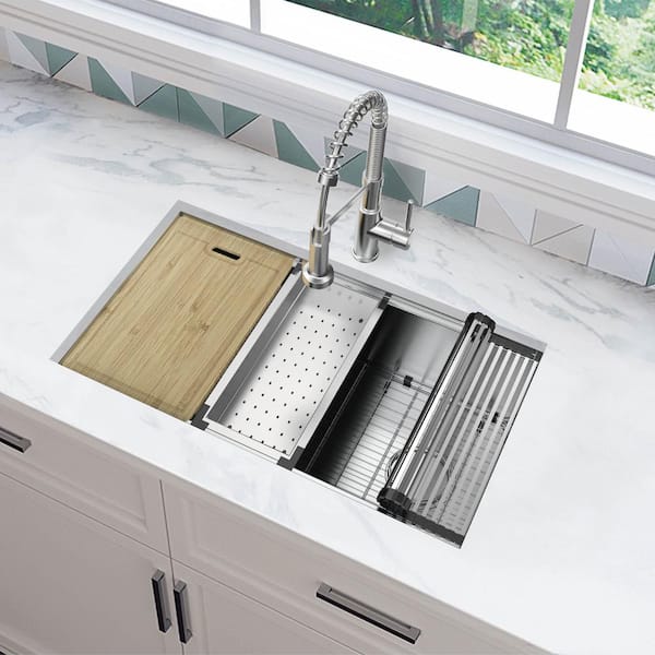 Professional Zero Radius 32 in Undermount Single Bowl 16 Gauge Stainless Steel Workstation Kitchen Sink with Accessories