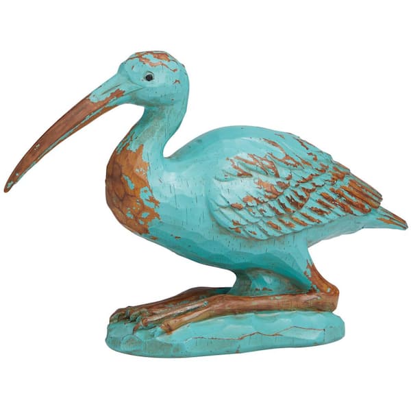 Litton Lane 7 in. Teal Polystone Distressed Bird Sculpture with Brown Wood Inspired Accents