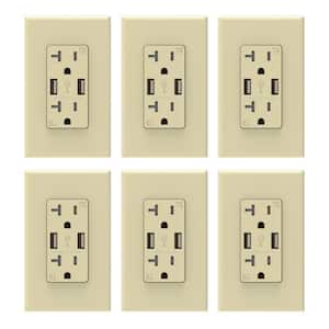 3.6 Amp USB Dual Type A In-Wall Charger with 20 Amp Duplex Tamper Resistant Outlet, Wall Plate Included, Ivory (6-Pack)