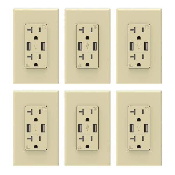 ELEGRP 3.6 Amp USB Dual Type A In-Wall Charger with 20 Amp Duplex Tamper Resistant Outlet, Wall Plate Included, Ivory (6-Pack)