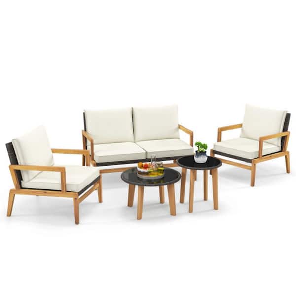 5-Piece Wicker Patio Conversation Set with 2 Tempered Glass Top Coffee Tables