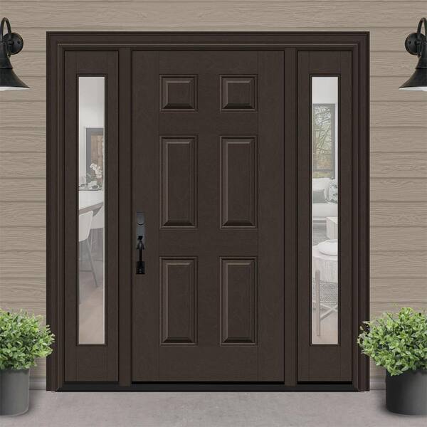 Regency 68 in. x 80 in. 6-Panel RHIS Hickory Stain Mahogany Fiberglass Prehung Front Door Clear 14 in. SLs 4-9/16