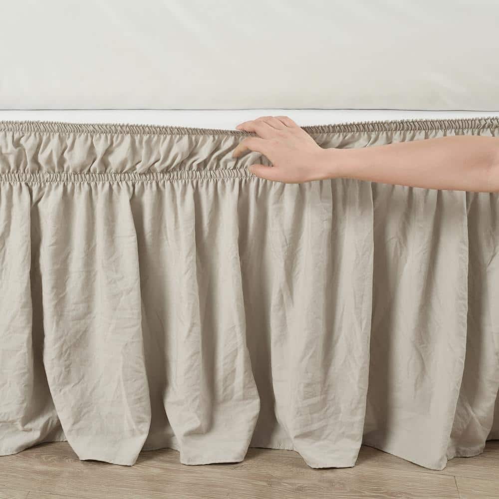 Neutral Ruched Ruffle Elastic Easy Wrap Around Bedskirt for Queen/King/Cal King