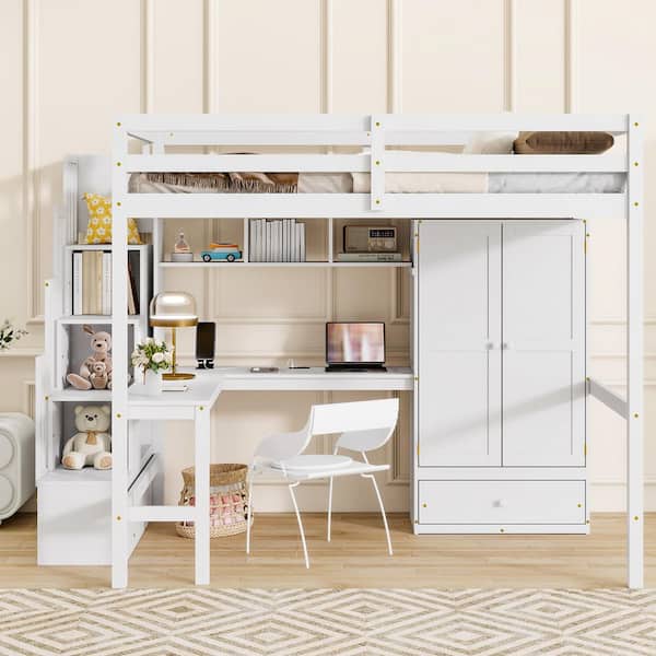 White Full Wood Loft Bed with Desk,doors and Drawer,storage Shelves,safety Guardrails and Solid Slats