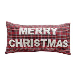 Faux Fur Red Plaid "MERRY CHRISTMAS" Applique 12 in. x 24 in. Throw Pillow