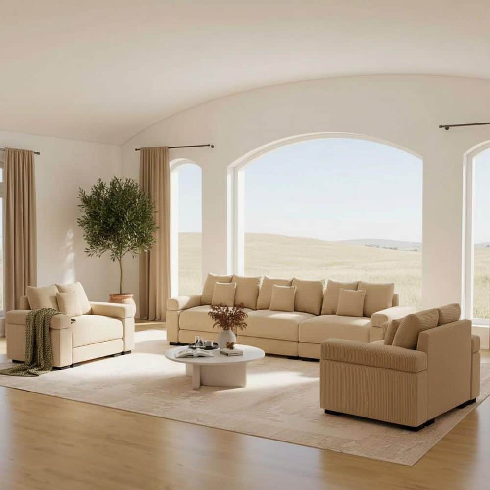 DDSMYS 129.9 in. 3-Piece Square Arm Corduroy Fabric Rectangle Modular Sofa and Chair Set in Camel
