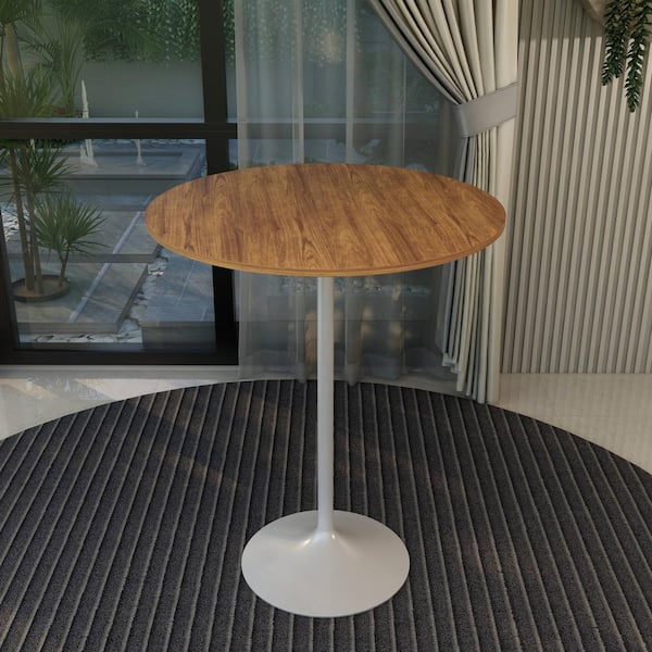 Leisuremod Round 36 in. Bar Height Dining Table with MDF Top and White Steel Pedestal Base Verve Series in Cognac Brown